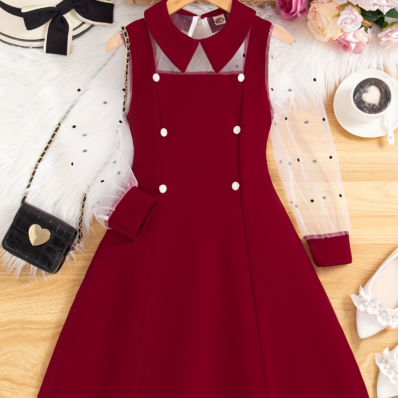 Midi Length Elegant Girls Long Sleeve Summer Dress - Lapel Collared, Mesh Panel, Flared Hem, Non-Stretch Polyester, Solid Color, Regular Fit - Perfect for Teenagers