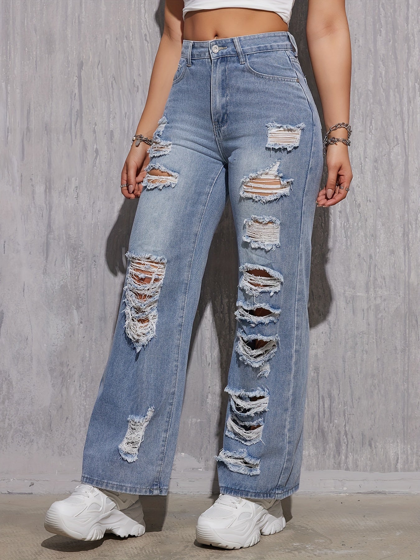 Loose Fit Blue Ripped Hole Straight Leg Jeans - Comfortable Non-Stretch Cotton Blend Denim with Distressed Slant Pockets and Wide Legs - Machine Washable, Casual Style for All Seasons