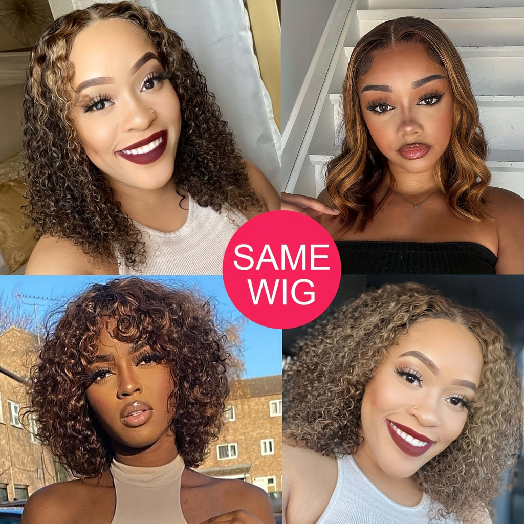 -Looking Human Hair Wig with 150% Density - Deep Wave/curly Bob with 13x4 Lace Front, Ombre Hair Color ( to Dark) | for all Light Beige Tones | Christmas Weddings Photoshoots | Suitable for all ethnic