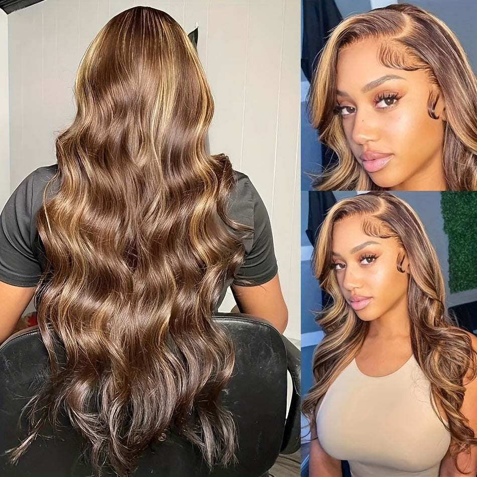 Blonde Highlight Body Wave HD 4x4 Lace Closure Human Hair Wig - High Gloss 4/27 Wig for Women, Density, Natural Look with Soft Curls, Perfect for Everyday & Special Occasions, Versatile Hairpiece, Sleek Hairpiece, Secure Fit